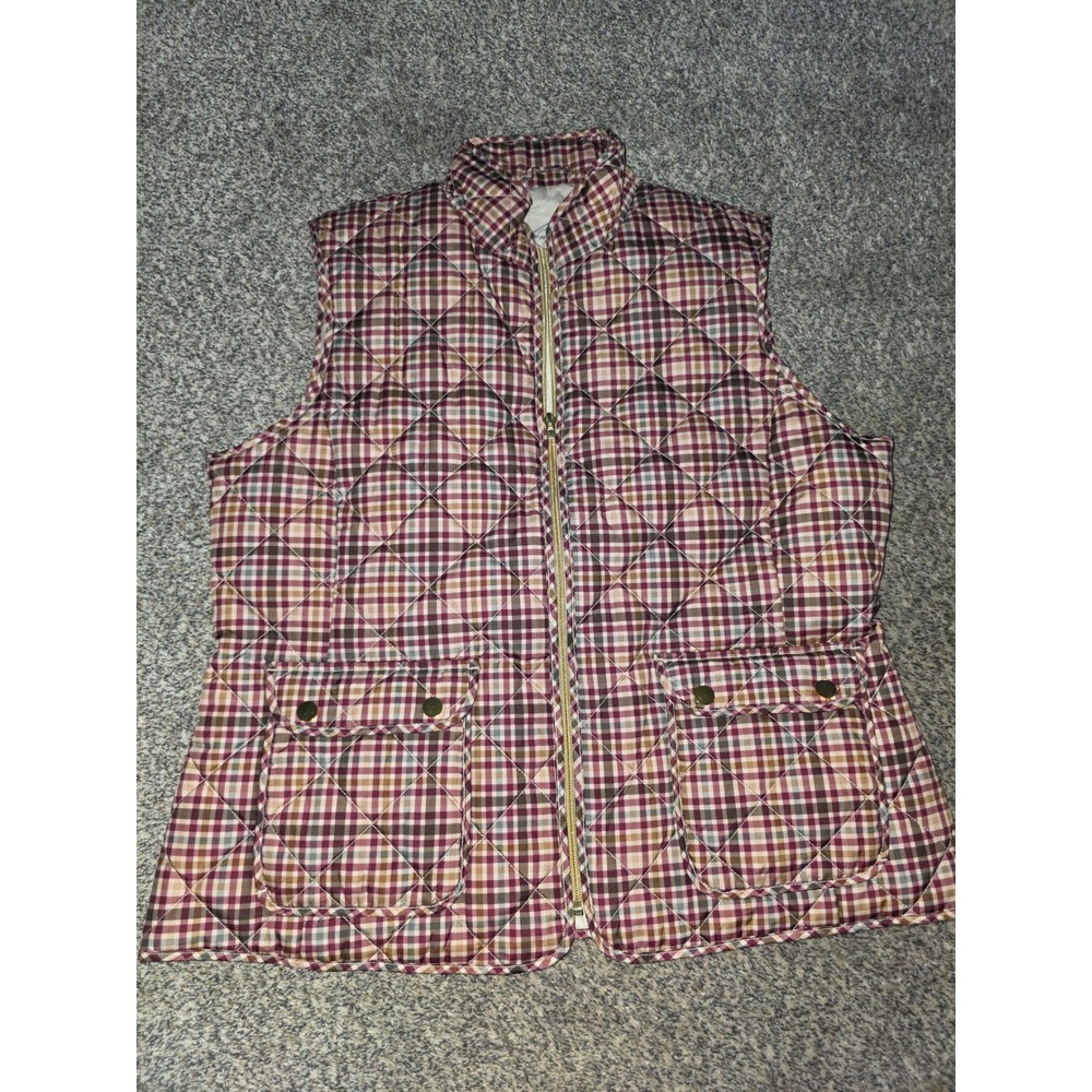 St Johns Bay Womens Large Quilted Puffer Vest Burgundy Plaid Full Zip Pockets